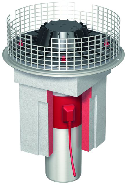 ACO Flachdachablauf Jet V2A DN100/90Grad 1-tlg/Kiesf. V2A Heizg./Dämmung Styropor