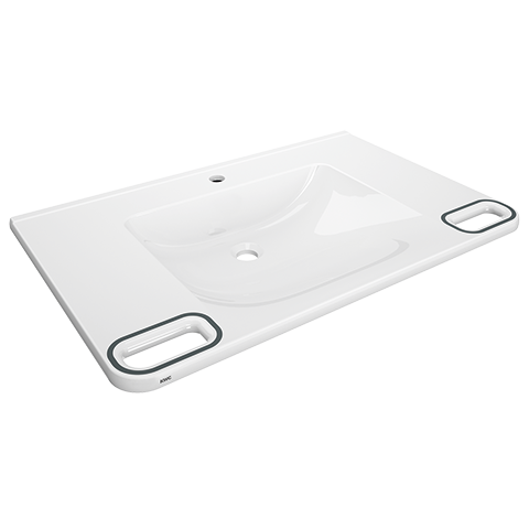 AR Einzelwaschtisch, MEDCARE, MIRANIT, 850x150x550 mm, weiß/grau, Hl., Griff