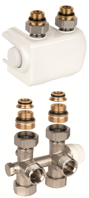 Resideo H-Block mit Heizkörperventil Therafix Universal, 1-Rohr, 3/4, weiß