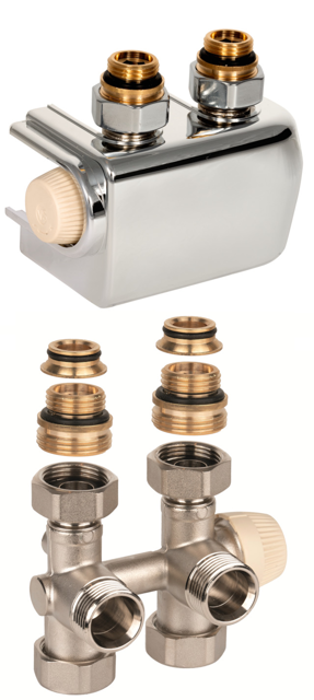 Resideo H-Block mit Heizkörperventil Therafix Universal, 2-Rohr, 3/4, chrom