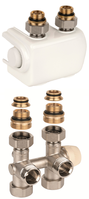 Resideo H-Block mit Heizkörperventil Therafix Universal, 2-Rohr, 3/4, weiß